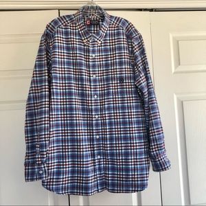 Chaps men’s long sleeve button down dress shirt. Blue plaid. Size XXL.